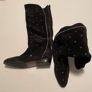 Vintage CLICKS Black Suede Knee High Boots With Silver Studs Made in Italy Sz 7